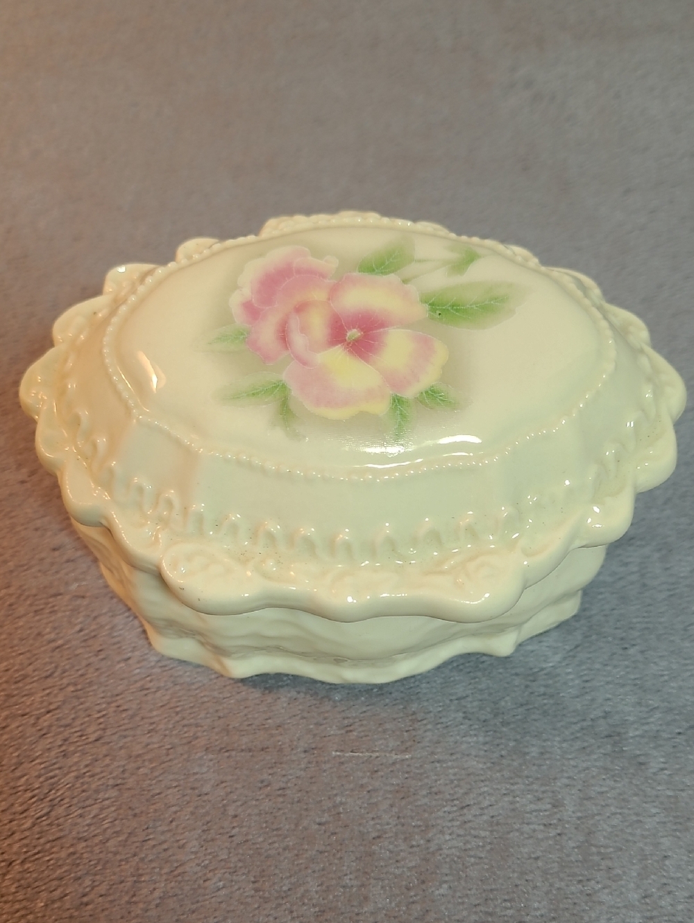 Porcelain Floral Trinket Box - Cream with Pink Flower